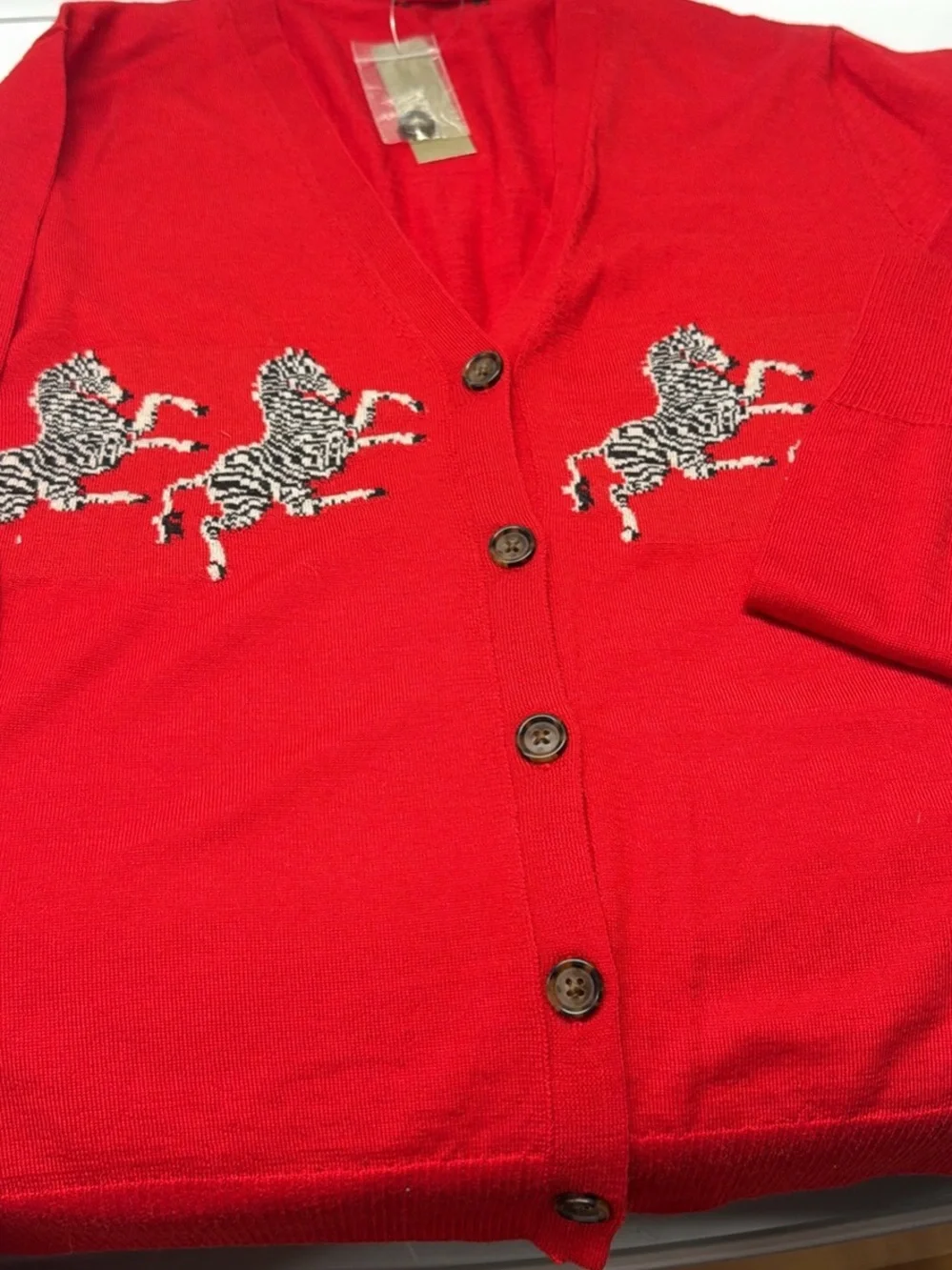 J. Crew Red V-Neck Cardigan with Zebra Motif